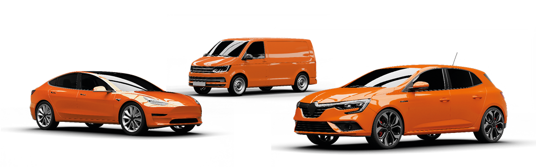 3 orange vehicles