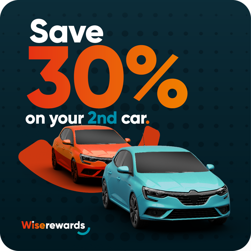 Wise Rewards Save 30% on Your Second Car Banner