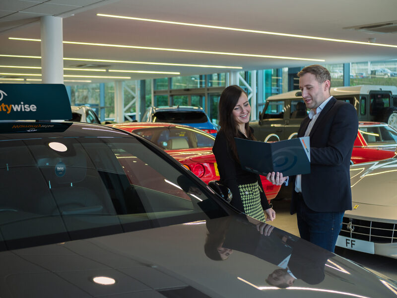 Salesman and female customer reading car brochure